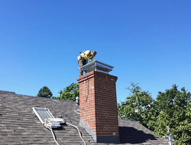 Storrs Chimney Sweep technician measuring a chimney cap in Storrs, CT