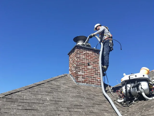 Dedicated Storrs Chimney Sweep team member cleaning a chimney in Storrs, CT