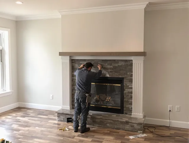 Storrs Chimney Sweep finishing a custom fireplace install in Storrs, CT